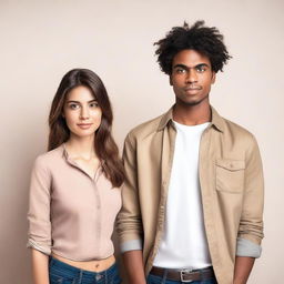 A young man and a woman stand side by side, looking directly at the camera