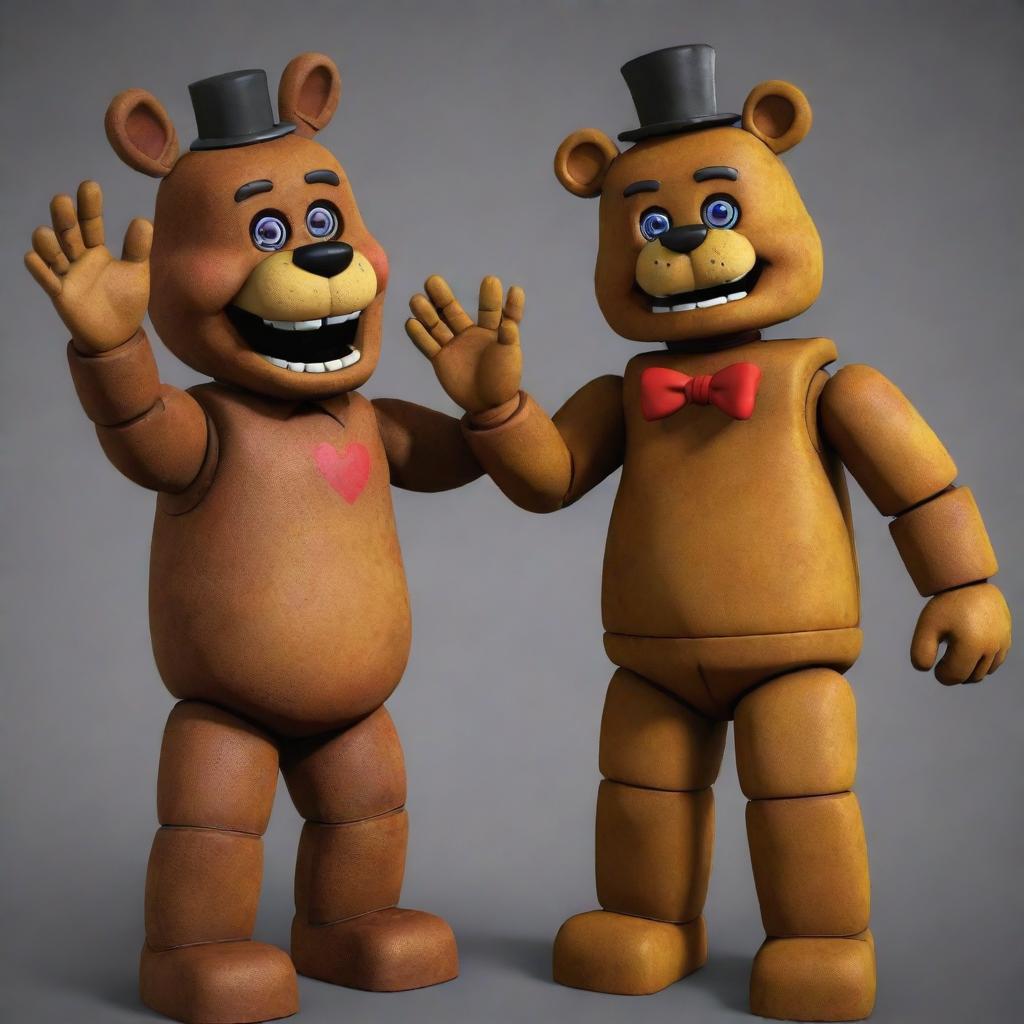 A unique meeting between Freddy Fazbear from Five Nights at Freddy's and iconic Roblox character Smile12, showcasing a friendly handshake or high-five as a sign of their unusual encounter.