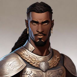 A portrait of an Earth Genasi eldritch knight with a Viking braid, clean-shaven face, and light golden patterns on his smooth, dark brown skin