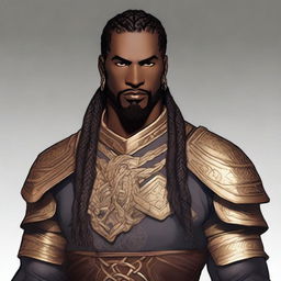 A portrait of an Earth Genasi eldritch knight with a Viking braid, clean-shaven face, and light golden patterns on his smooth, dark brown skin