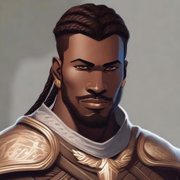 A portrait of an Earth Genasi eldritch knight with a Viking braid, clean-shaven face, and light golden patterns on his smooth, dark brown skin