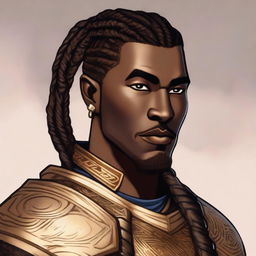 A portrait of an Earth Genasi eldritch knight with a Viking braid, clean-shaven face, and light golden patterns on his smooth, dark brown skin