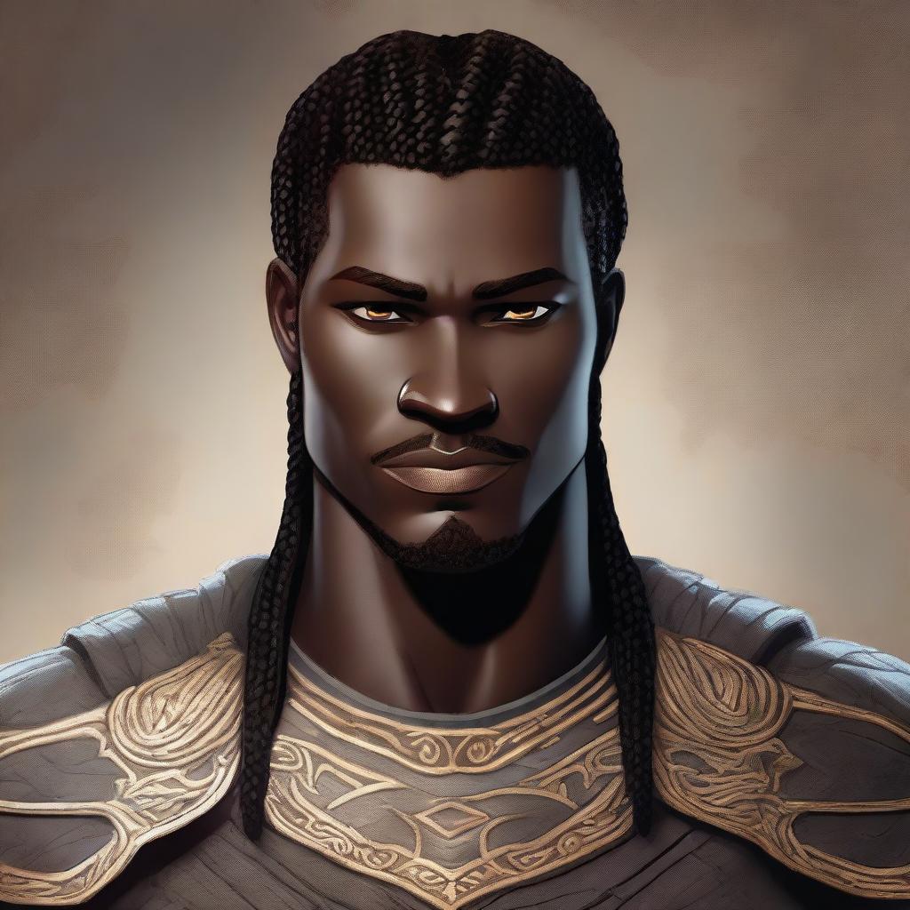 A portrait of an Earth Genasi eldritch knight with a Viking braid, clean-shaven face, and light golden patterns across the stone-like texture of his dark brown skin