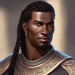 A portrait of an Earth Genasi eldritch knight with a Viking braid, clean-shaven face, and light golden patterns across the stone-like texture of his dark brown skin