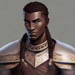 A portrait of an Earth Genasi eldritch knight with a Viking braid, clean-shaven face, and light golden patterns across the stone-like texture of his dark brown skin