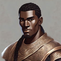 A portrait of an Earth Genasi eldritch knight with a Viking braid, clean-shaven face, and light golden patterns across the stone-like texture of his dark brown skin