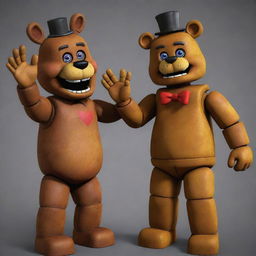 A unique meeting between Freddy Fazbear from Five Nights at Freddy's and iconic Roblox character Smile12, showcasing a friendly handshake or high-five as a sign of their unusual encounter.