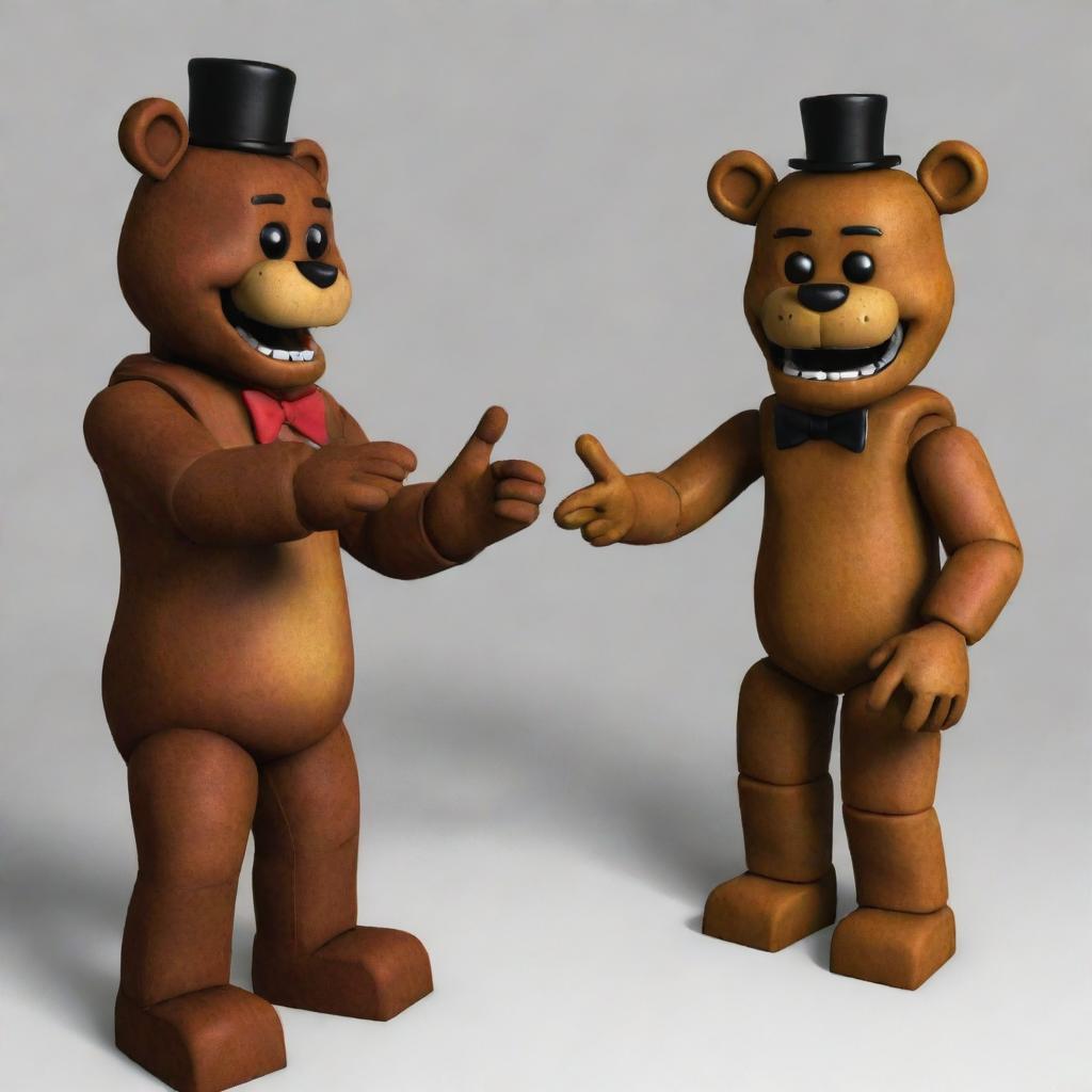 A unique meeting between Freddy Fazbear from Five Nights at Freddy's and iconic Roblox character Smile12, showcasing a friendly handshake or high-five as a sign of their unusual encounter.