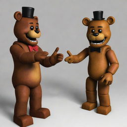 A unique meeting between Freddy Fazbear from Five Nights at Freddy's and iconic Roblox character Smile12, showcasing a friendly handshake or high-five as a sign of their unusual encounter.