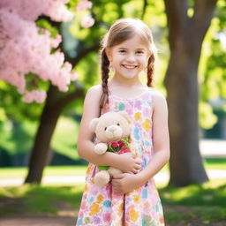 A cute 10-year-old girl with a bright smile, wearing a colorful dress, standing in a sunny park with flowers and trees around