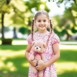 A cute 10-year-old girl with a bright smile, wearing a colorful dress, standing in a sunny park with flowers and trees around