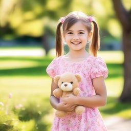 A cute 10-year-old girl with a bright smile, wearing a colorful dress, standing in a sunny park with flowers and trees around