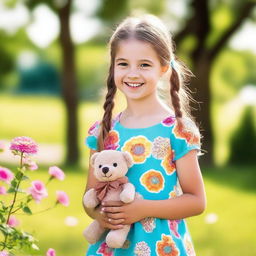 A cute 10-year-old girl with a bright smile, wearing a colorful dress, standing in a sunny park with flowers and trees around