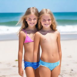 A cute 10-year-old girl wearing a bikini, standing on a sandy beach with the ocean in the background