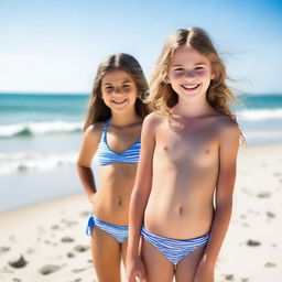 A cute 10-year-old girl wearing a bikini, standing on a sandy beach with the ocean in the background