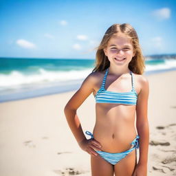 A cute 10-year-old girl wearing a bikini, standing on a sandy beach with the ocean in the background