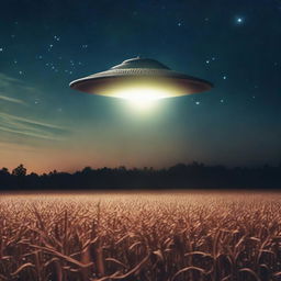 A raw photograph capturing a UFO hovering over a cornfield at night