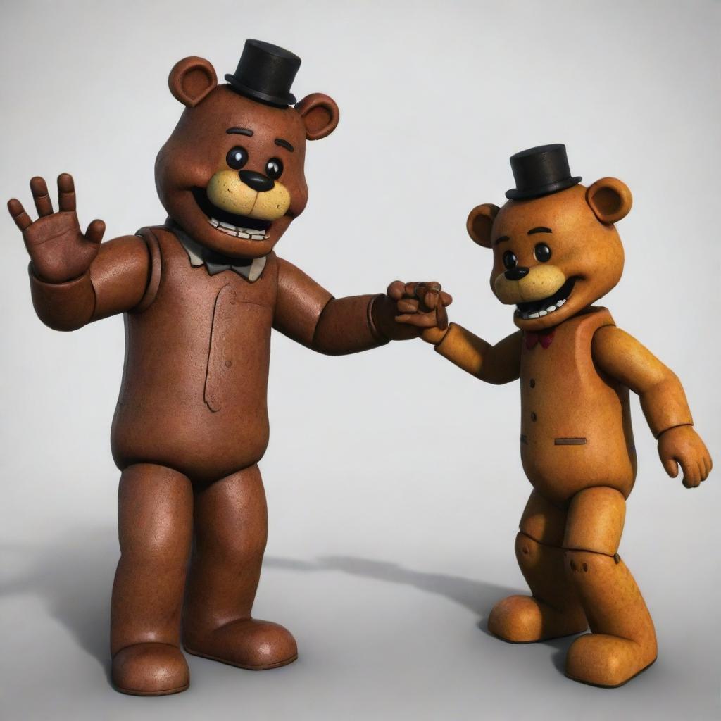 A unique meeting between Freddy Fazbear from Five Nights at Freddy's and iconic Roblox character Smile12, showcasing a friendly handshake or high-five as a sign of their unusual encounter.