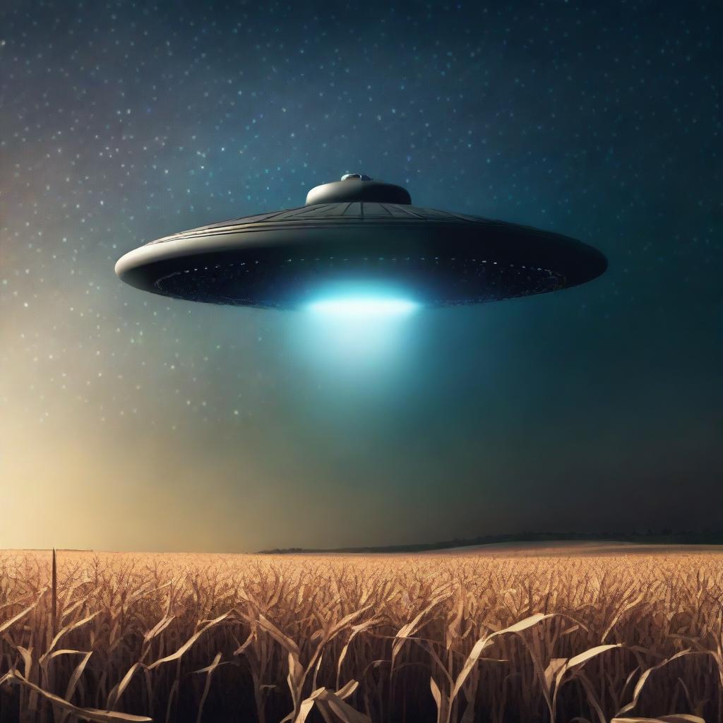 A raw photograph capturing a UFO hovering over a cornfield at night