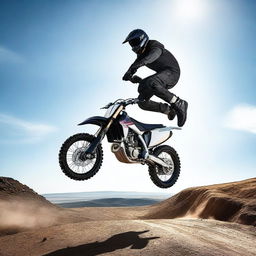 A thrilling scene of a dirt bike rider performing an impressive jump over a sleek black Porsche