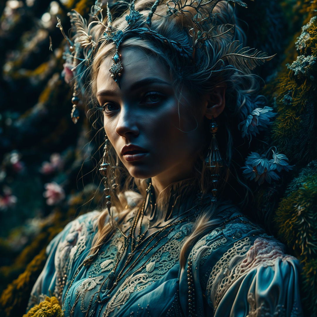 Hyper-realistic 3D rococo photograph of a different Russian elf woman in a mystical forest, with an intense close-up of her intricately detailed face. The image is high definition, with immaculate composition and lighting, exuding fantasy and spirit vibes.