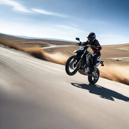 An action-packed scene of a dirt bike rider racing beside a sleek black Porsche car