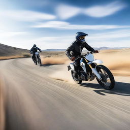 An action-packed scene of a dirt bike rider racing beside a sleek black Porsche car