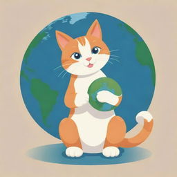 A charming cartoon style image of a cat, sitting and playfully interacting with a small globe of the Earth.