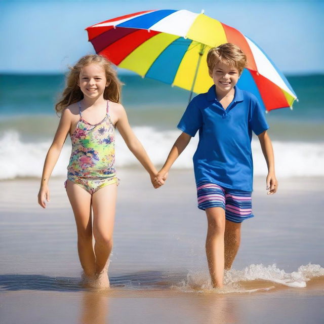 A cute 10-year-old girl with her 12-year-old brother enjoying a sunny day at the beach