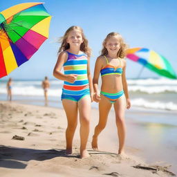 A cute 10-year-old girl with her 12-year-old brother enjoying a sunny day at the beach