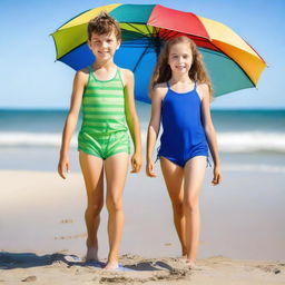 A cute 10-year-old girl with her 12-year-old brother enjoying a sunny day at the beach