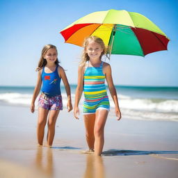 A cute 10-year-old girl with her 12-year-old brother enjoying a sunny day at the beach