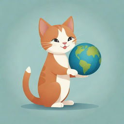 A charming cartoon style image of a cat, sitting and playfully interacting with a small globe of the Earth.