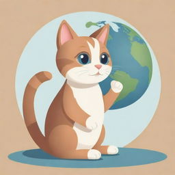 A charming cartoon style image of a cat, sitting and playfully interacting with a small globe of the Earth.