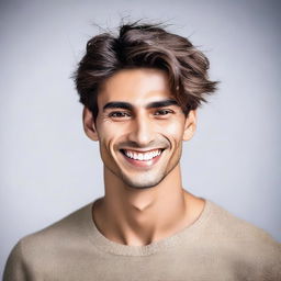 A handsome young man, who is thin and tall, looks at the camera while smiling