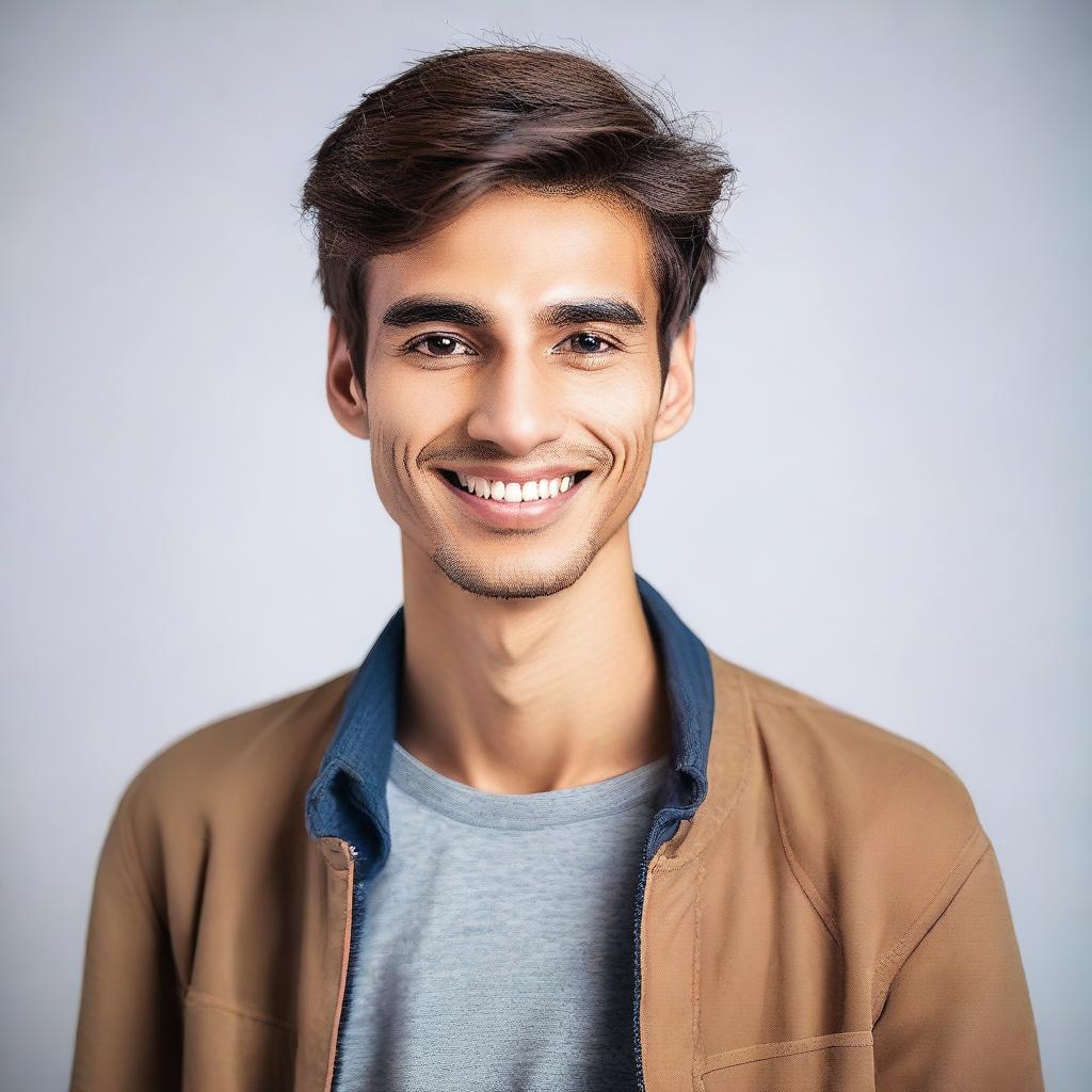 A handsome young man, who is thin and tall, looks at the camera while smiling