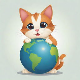 A charming cartoon style image of a cat, sitting and playfully interacting with a small globe of the Earth.