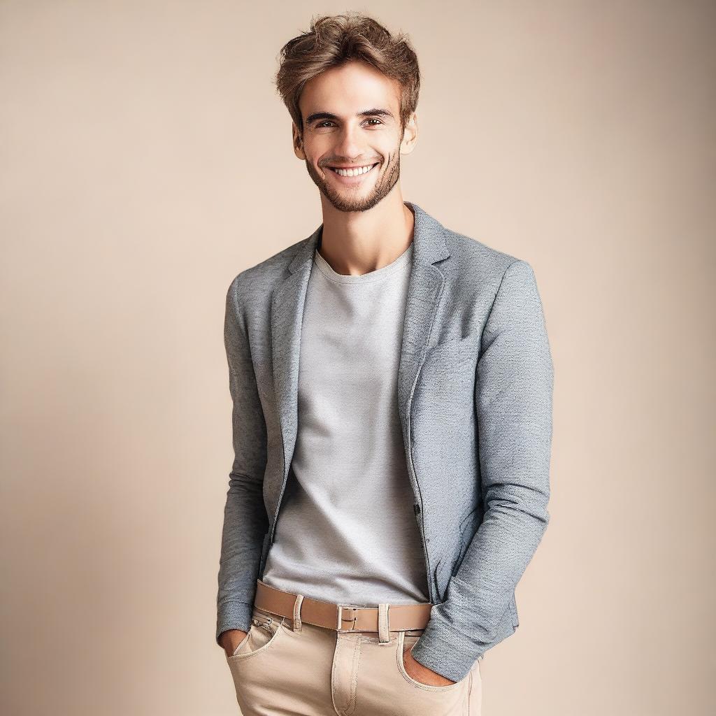 A handsome young man, tall and thin, looks at the camera while smiling