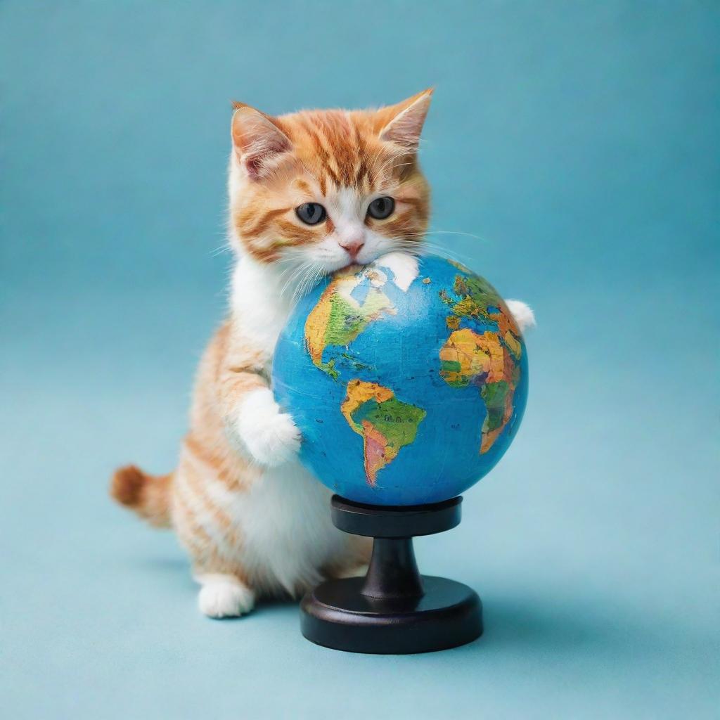 A cute cat playfully interacting with a miniature earth globe, painted in vibrant acrylic art style.