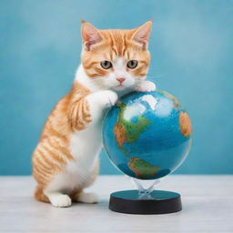 A cute cat playfully interacting with a miniature earth globe, painted in vibrant acrylic art style.