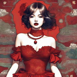 A beautiful girl wearing a red dress, depicted in an artistic style