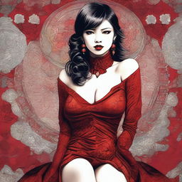 A beautiful girl wearing a red dress, depicted in an artistic style