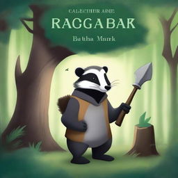 A fantasy book cover featuring a courageous badger holding a hammer, standing next to a wise, talking tree