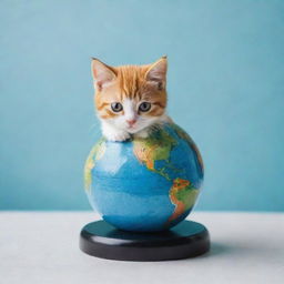 A cute cat playfully interacting with a miniature earth globe, painted in vibrant acrylic art style.