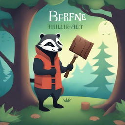 A fantasy book cover featuring a courageous badger holding a hammer, standing next to a wise, talking tree