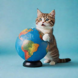 A cute cat playfully interacting with a miniature earth globe, painted in vibrant acrylic art style.