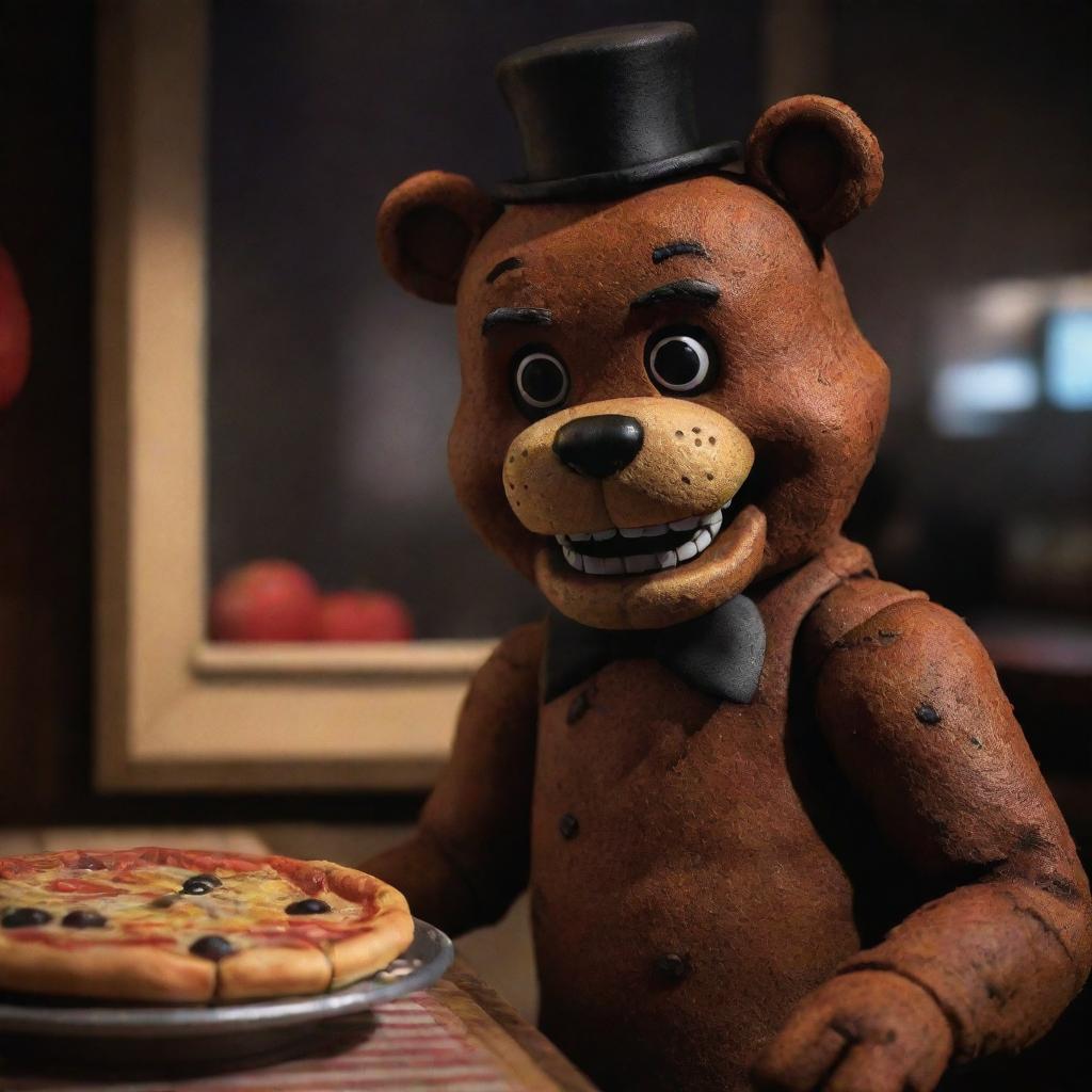 Freddy Fazbear from Five Nights at Freddy's joyfully situated in his home, a bustling pizzeria filled with arcade games, colorful decorations, and the irresistible aroma of baking pizza.