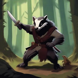 A dynamic scene of a brave badger fighting a goblin in a fantasy setting