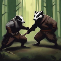 A dynamic scene of a brave badger fighting a goblin in a fantasy setting