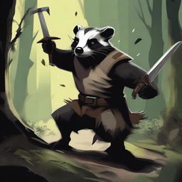 A dynamic scene of a brave badger fighting a goblin in a fantasy setting